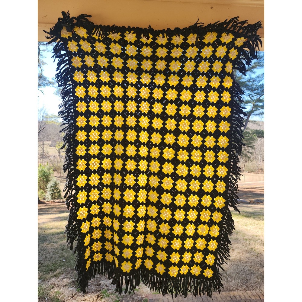 Vintage Handmade Crochet Granny Square Floral Throw Blanket Yellow Black Fringe